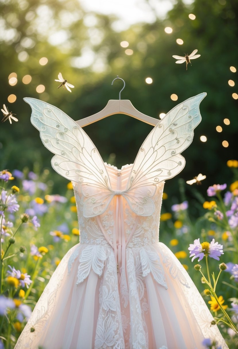 A delicate lace dress adorned with ethereal fairy wings, surrounded by blooming wildflowers and sparkling fireflies