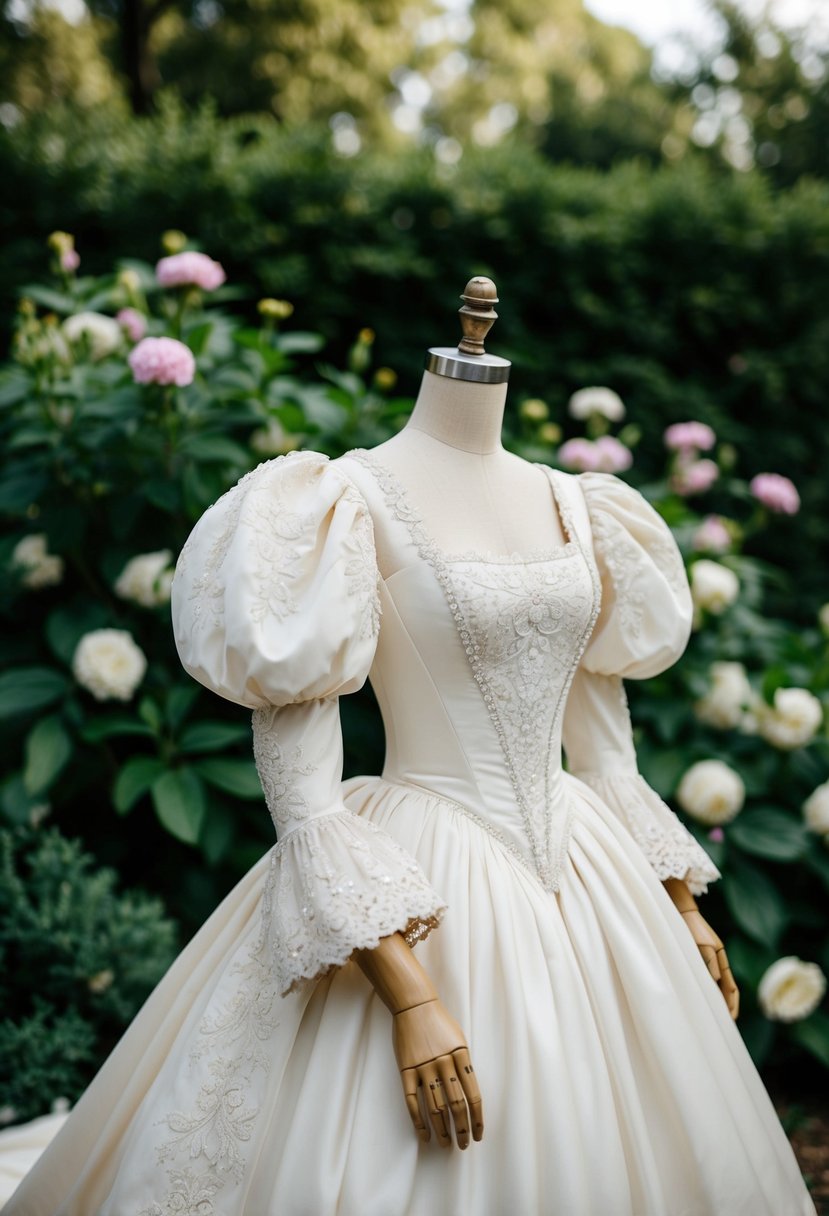 A vintage wedding dress with puffy Renaissance sleeves, adorned with delicate lace and intricate embroidery, set against a backdrop of lush garden greenery and blooming flowers