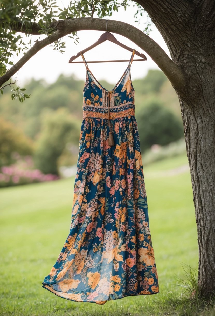 A flowing bohemian floral print dress hanging from a tree branch in a whimsical outdoor setting