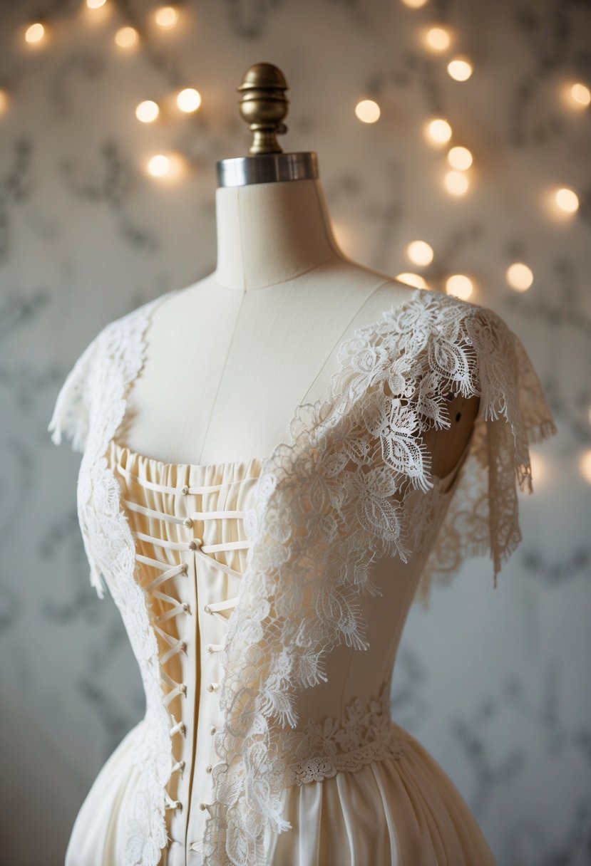 A lace-draped Victorian wedding dress on a vintage mannequin