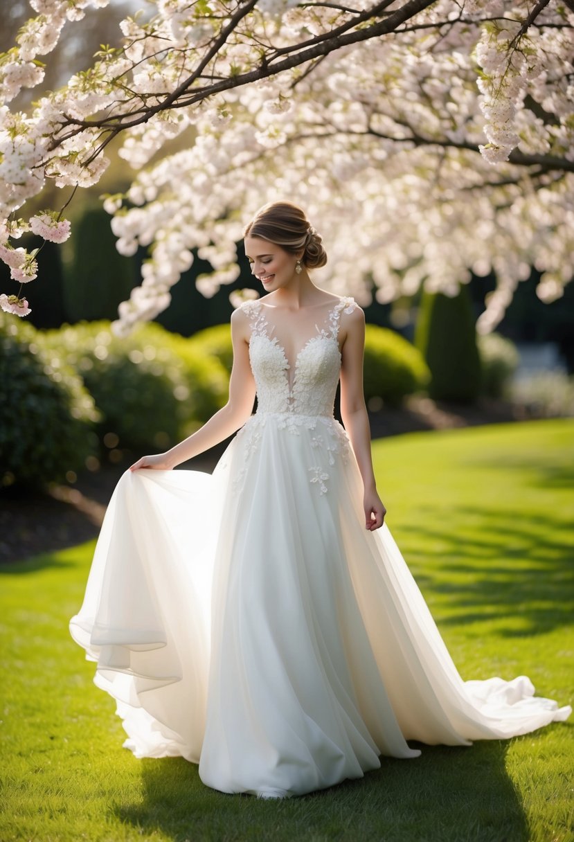 A flowing wedding dress adorned with delicate cherry blossom appliqués sways gently in a sun-drenched garden