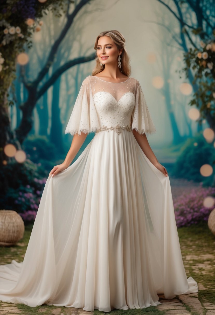 A flowing, floor-length dress with billowing cape sleeves, adorned with delicate lace and shimmering details, set against a dreamy, enchanted forest backdrop