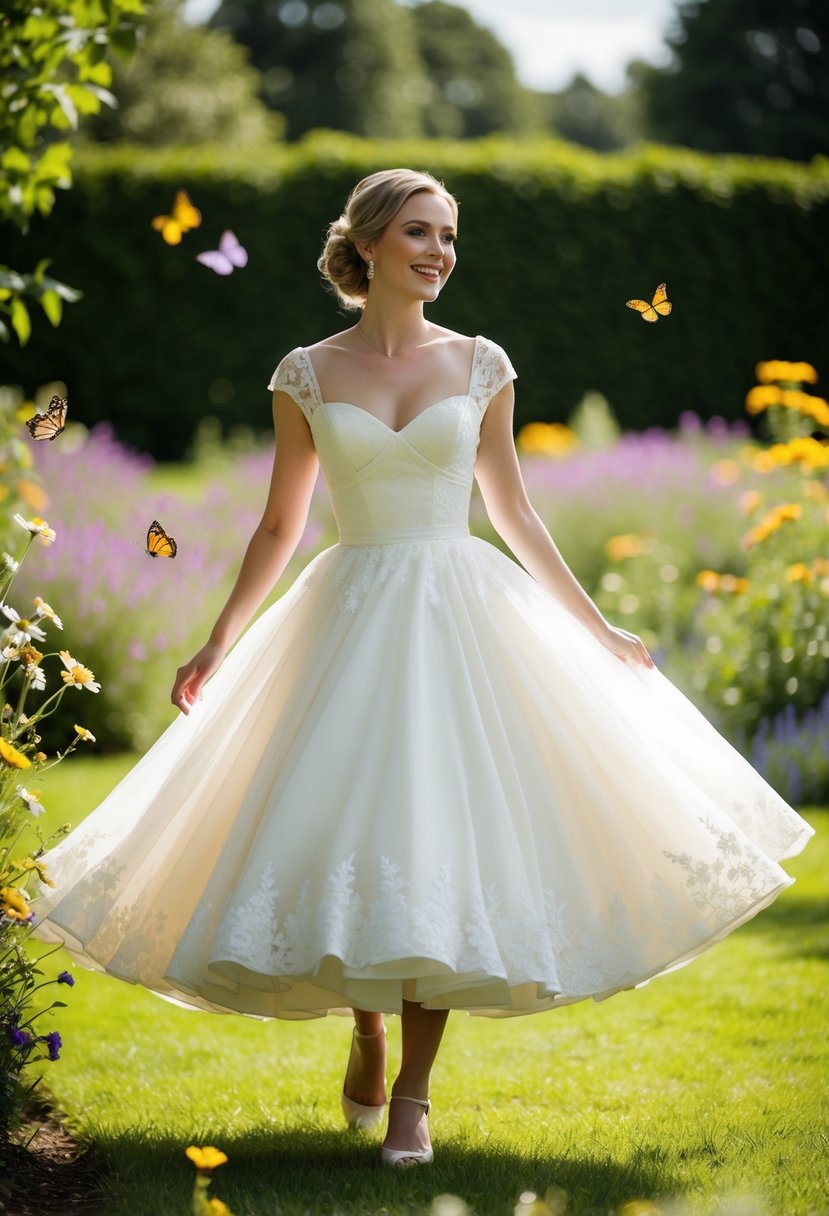 A bride twirls in a garden, wearing a tea-length dress with a full skirt, delicate lace details, and a sweetheart neckline. Wildflowers and butterflies surround her