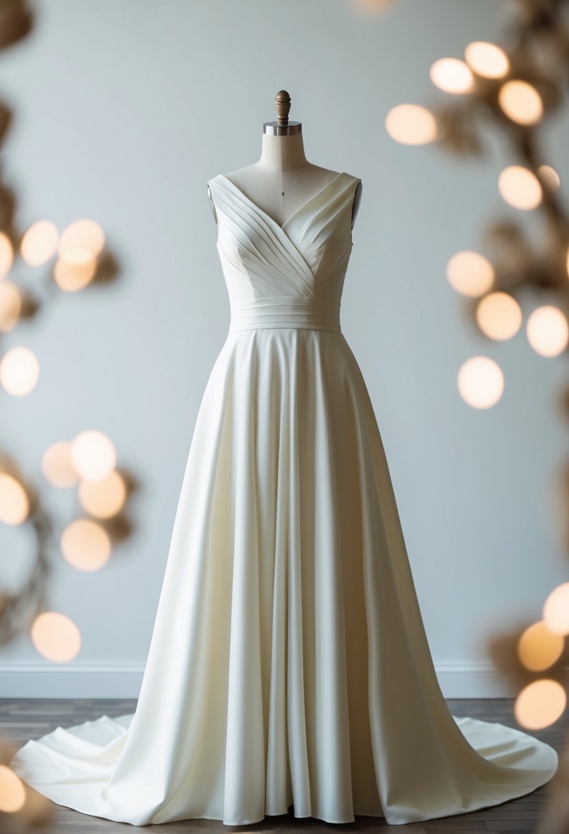 A 1960s mod-style wedding dress with clean lines and minimal detailing, featuring a vintage 70s silhouette and fabric