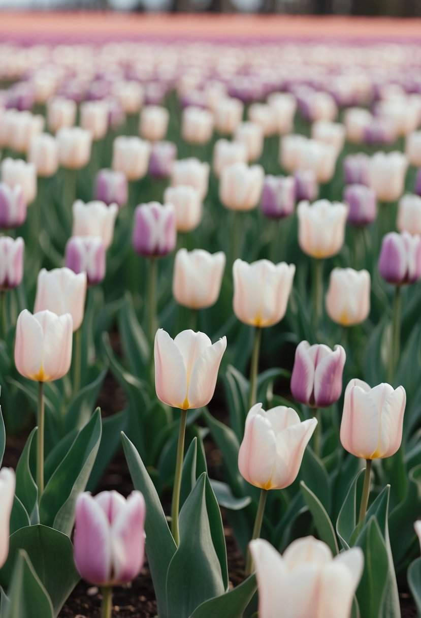 A field of pastel tulips in bloom, with a gentle breeze blowing through the flowers