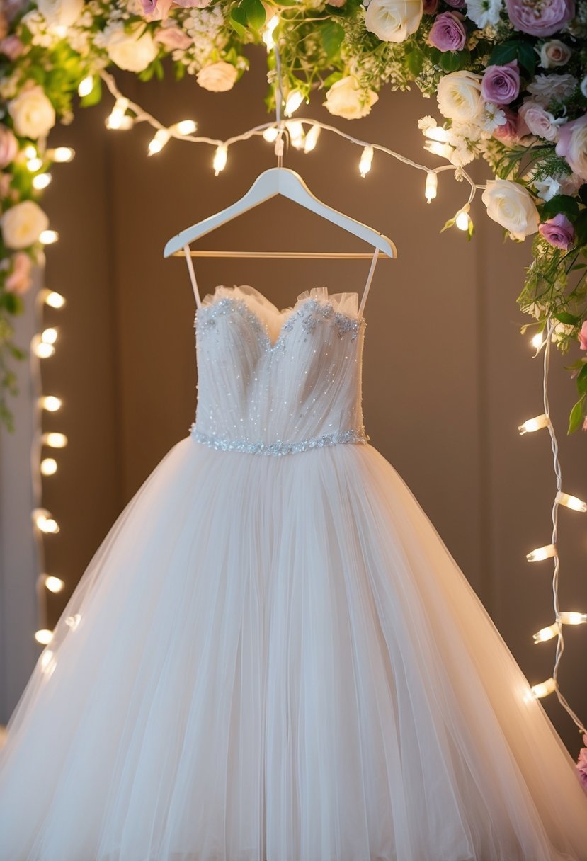 A soft tulle ball gown draped over a delicate hanger, surrounded by twinkling fairy lights and blooming flowers