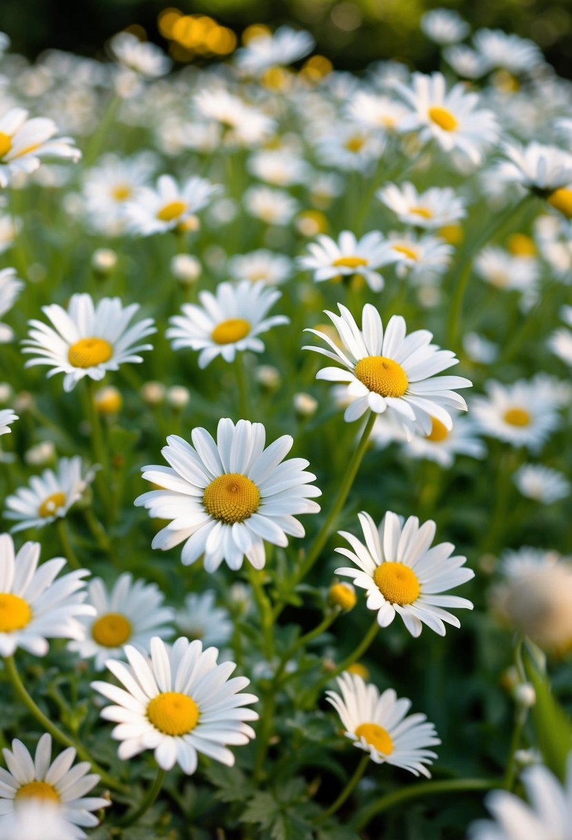 A garden filled with blooming daisies, their delicate white petals swaying in the breeze, creating a romantic and dreamy atmosphere