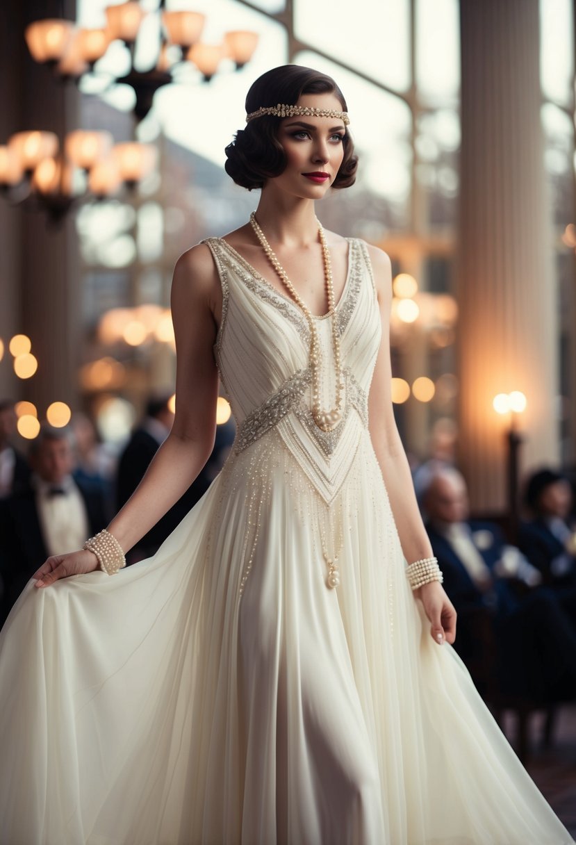 A 70s vintage wedding dress with pearl accents, inspired by the Gatsby era, featuring flowing fabric and intricate beading