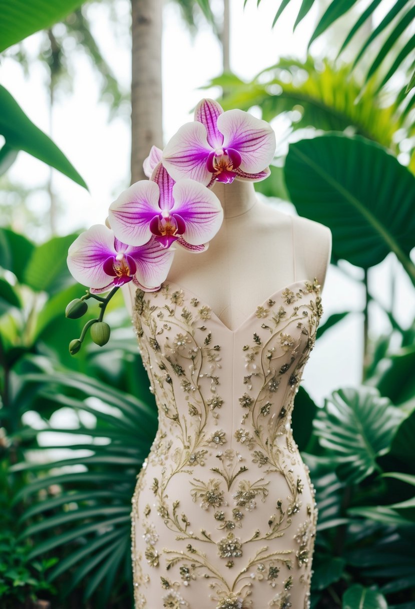 An elegant orchid silhouette dress adorned with intricate floral patterns, set against a dreamy backdrop of lush tropical foliage