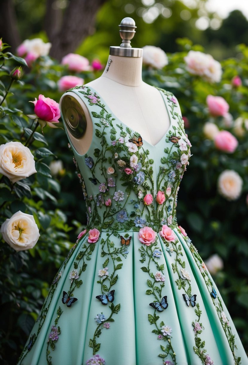 A garden-themed embellished dress adorned with flowers, vines, and butterflies, set against a backdrop of blooming roses and lush greenery