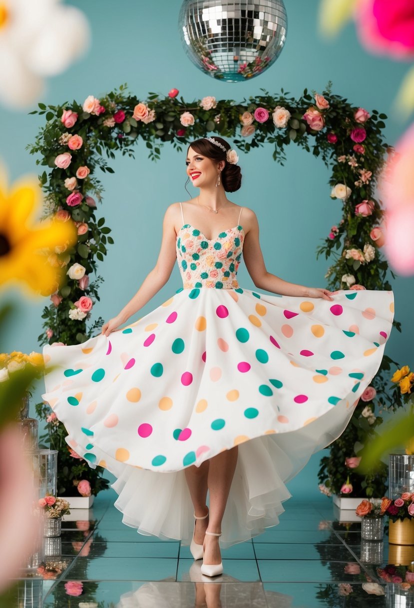 A bride twirls in a flowy, polka dot 70s wedding dress, surrounded by retro floral decor and disco ball reflections