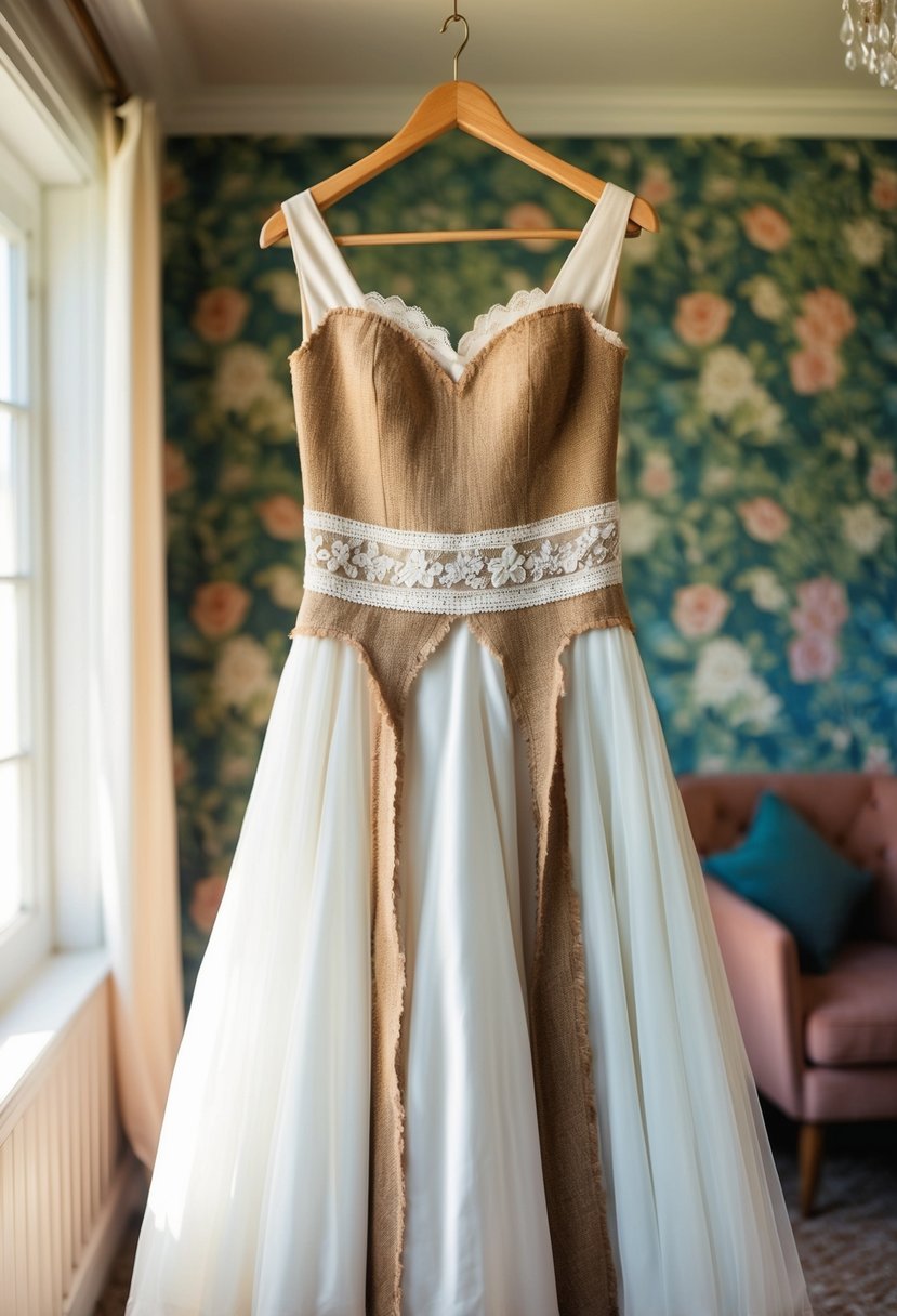 A 70s vintage wedding dress with rustic chic burlap detailing hanging on a wooden hanger in a sunlit room with floral wallpaper