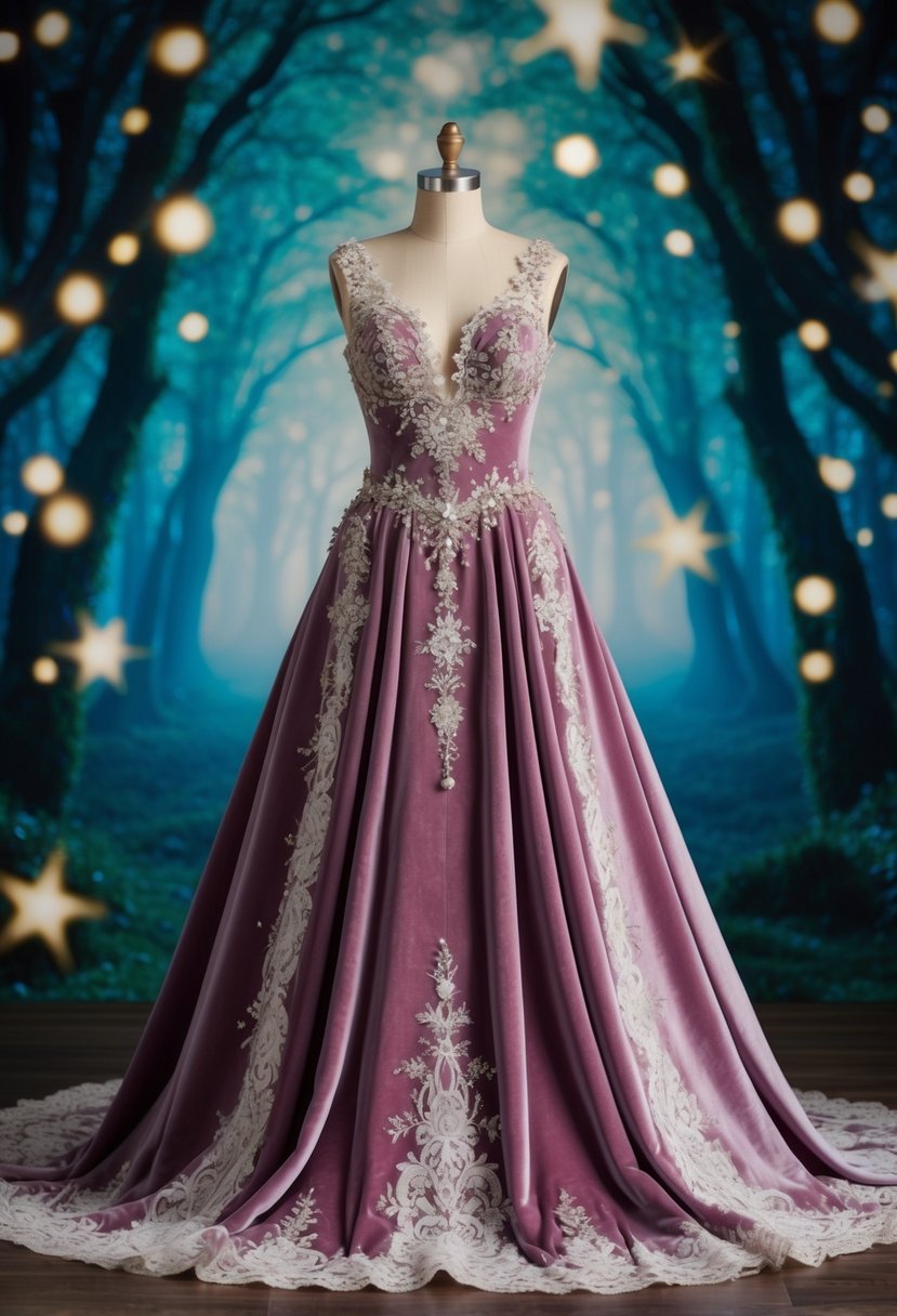 A flowing velvet gown adorned with delicate lace and shimmering jewels, set against a backdrop of enchanted forest and twinkling stars