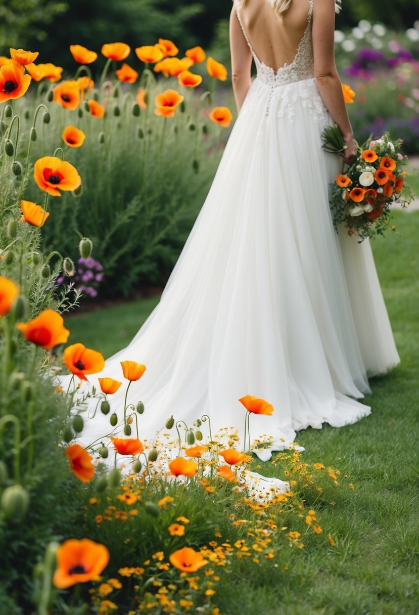 A whimsical garden with vibrant poppies and wildflowers, cascading down the train of a flowing wedding dress