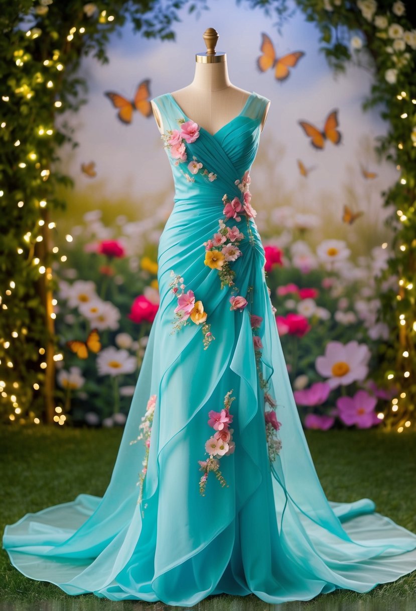 A flowing, vibrant organza dress adorned with delicate floral details, set against a whimsical garden backdrop with butterflies and twinkling fairy lights