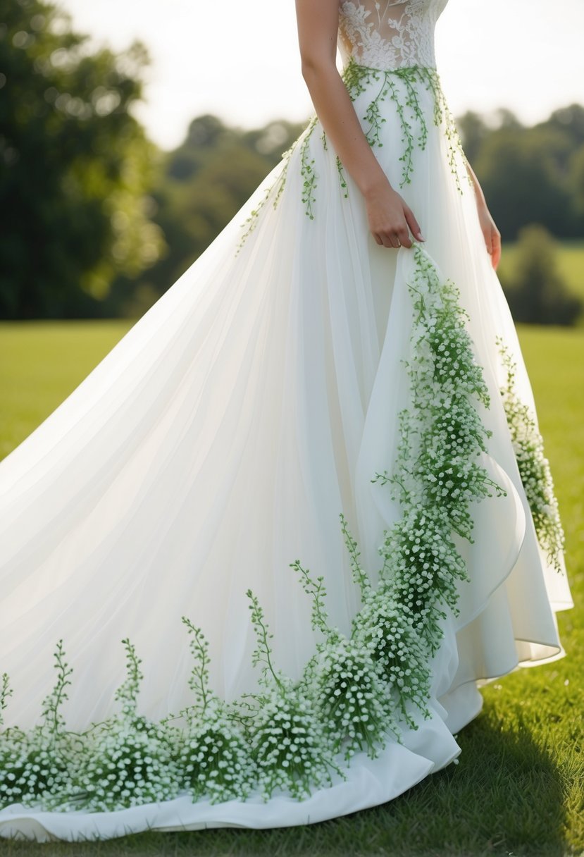 A flowing wedding dress adorned with delicate Lily of the Valley embroidery, cascading down the skirt and trailing up the bodice