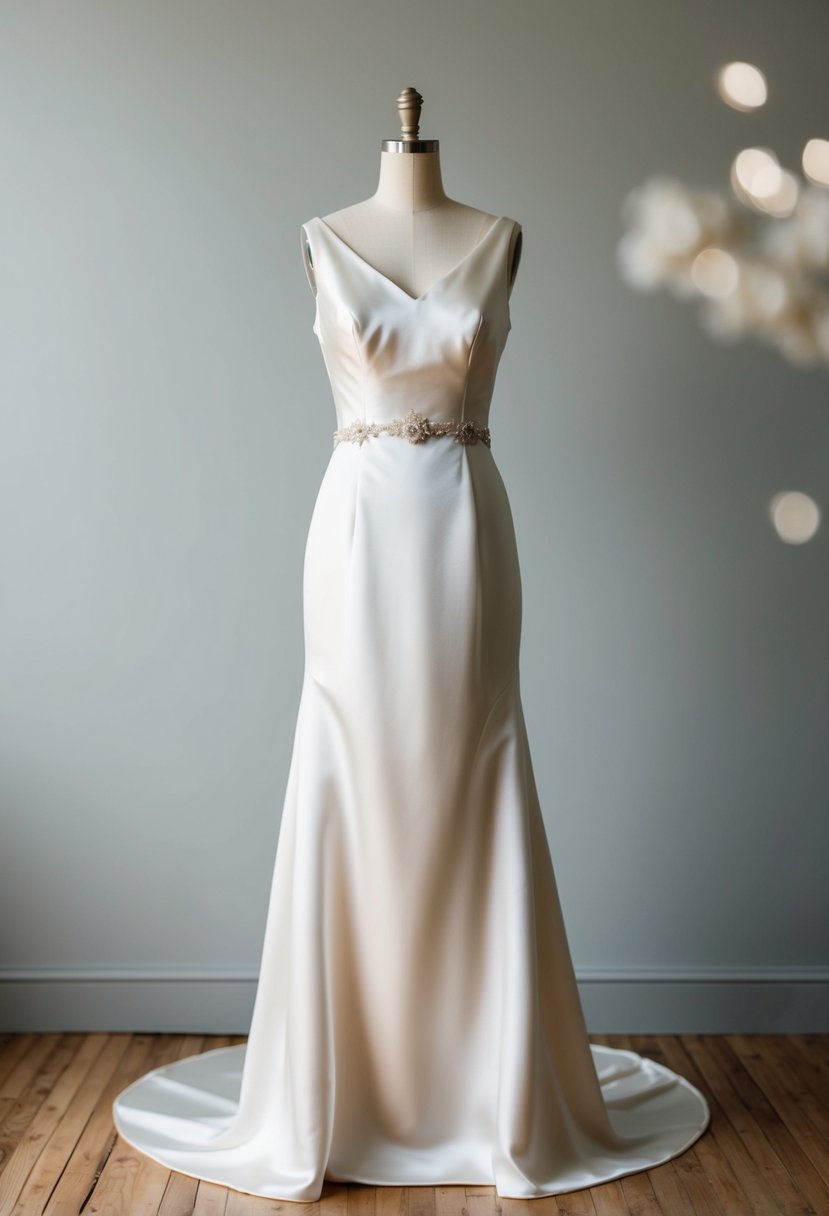 A simple, sleek satin wedding dress from the 1970s, with clean lines and minimal embellishments, exuding a timeless and elegant vintage charm