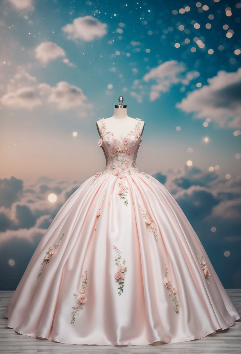 A flowing pastel silk ball gown adorned with delicate floral details, set against a dreamy backdrop of floating clouds and sparkling stars