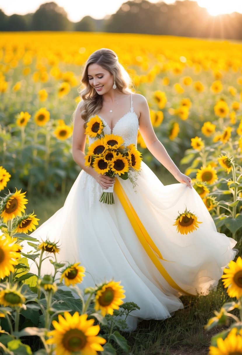 A sunflower-adorned wedding dress twirls in a field of wildflowers, with the sun casting a warm glow on the vibrant yellow accents