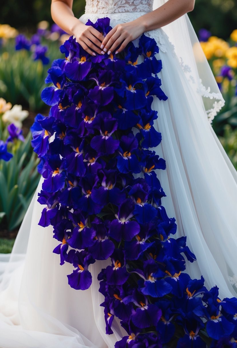 A garden of vibrant irises cascading down a flowing wedding dress, creating a sophisticated and elegant floral overlay