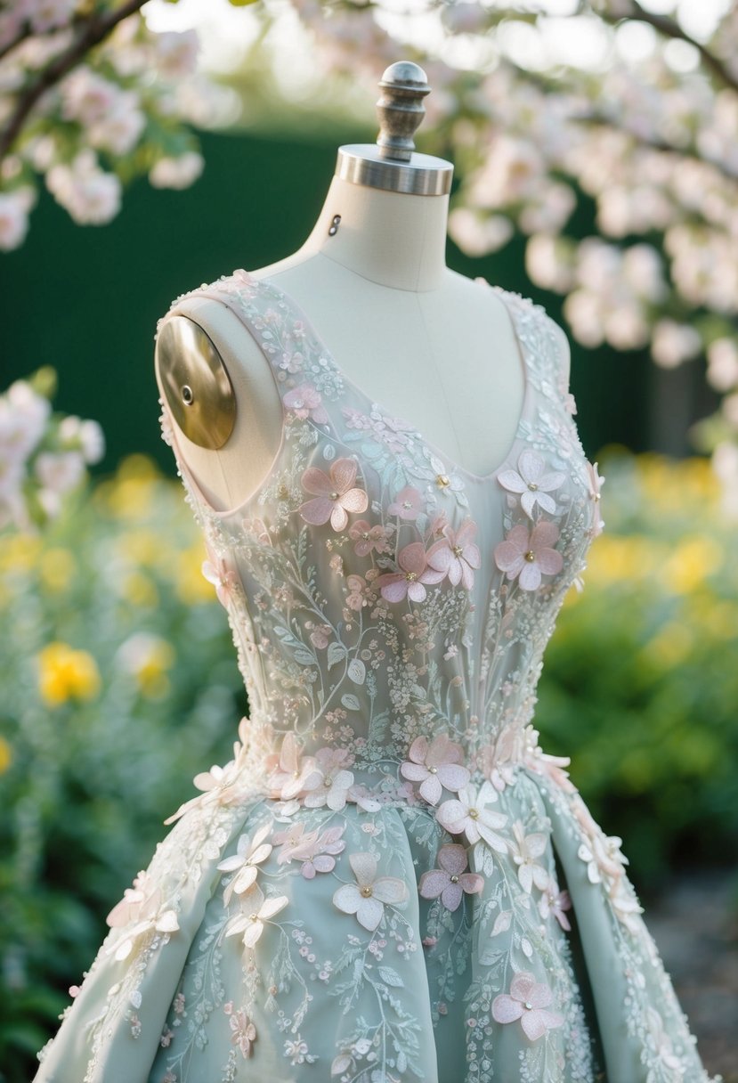 A 3D floral appliqué dress with delicate petals and vines, adorned with shimmering beads and sequins, set against a dreamy backdrop of a garden in full bloom