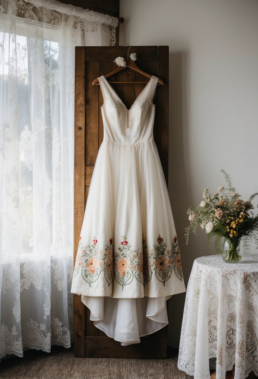 A 70s vintage wedding dress with nostalgic floral embroidery, hanging on a rustic wooden hanger against a backdrop of lace curtains and delicate lace tablecloth