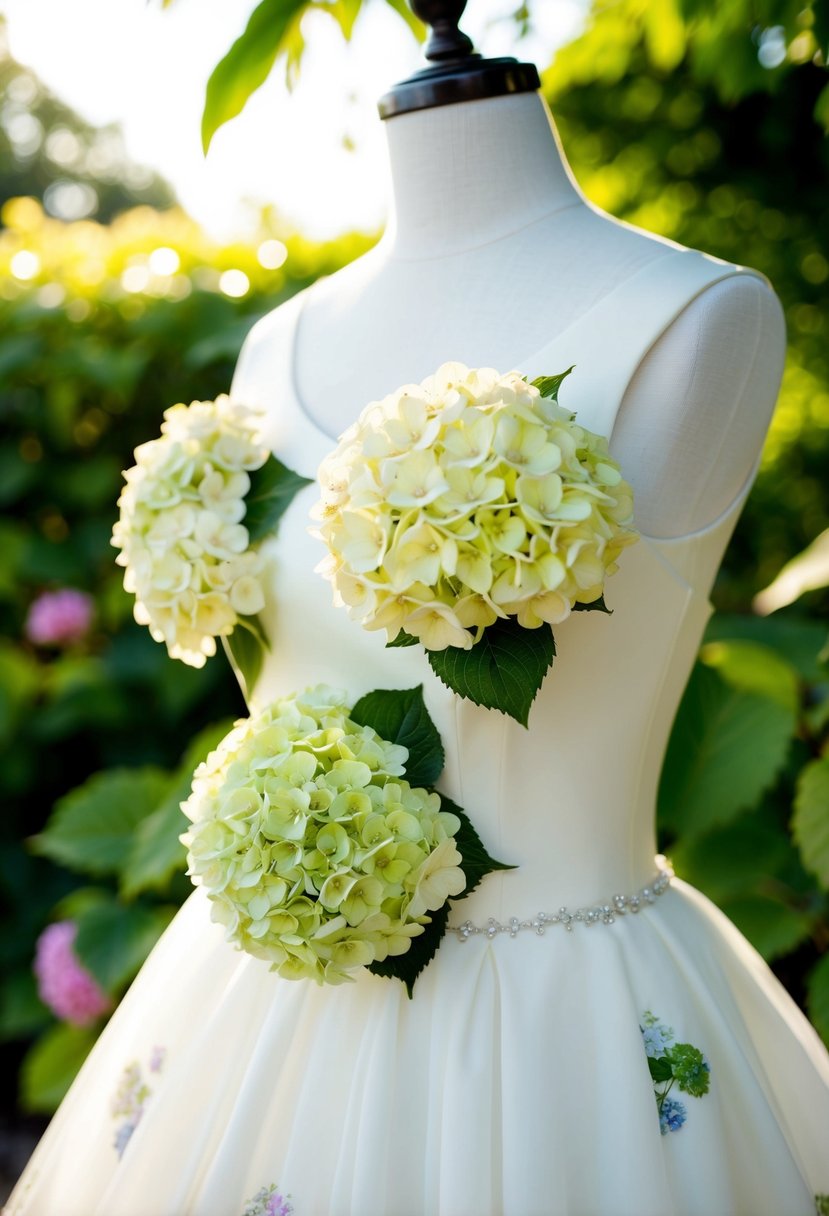 A wedding dress adorned with charming hydrangea motifs, set against a lush garden backdrop with soft sunlight filtering through the foliage