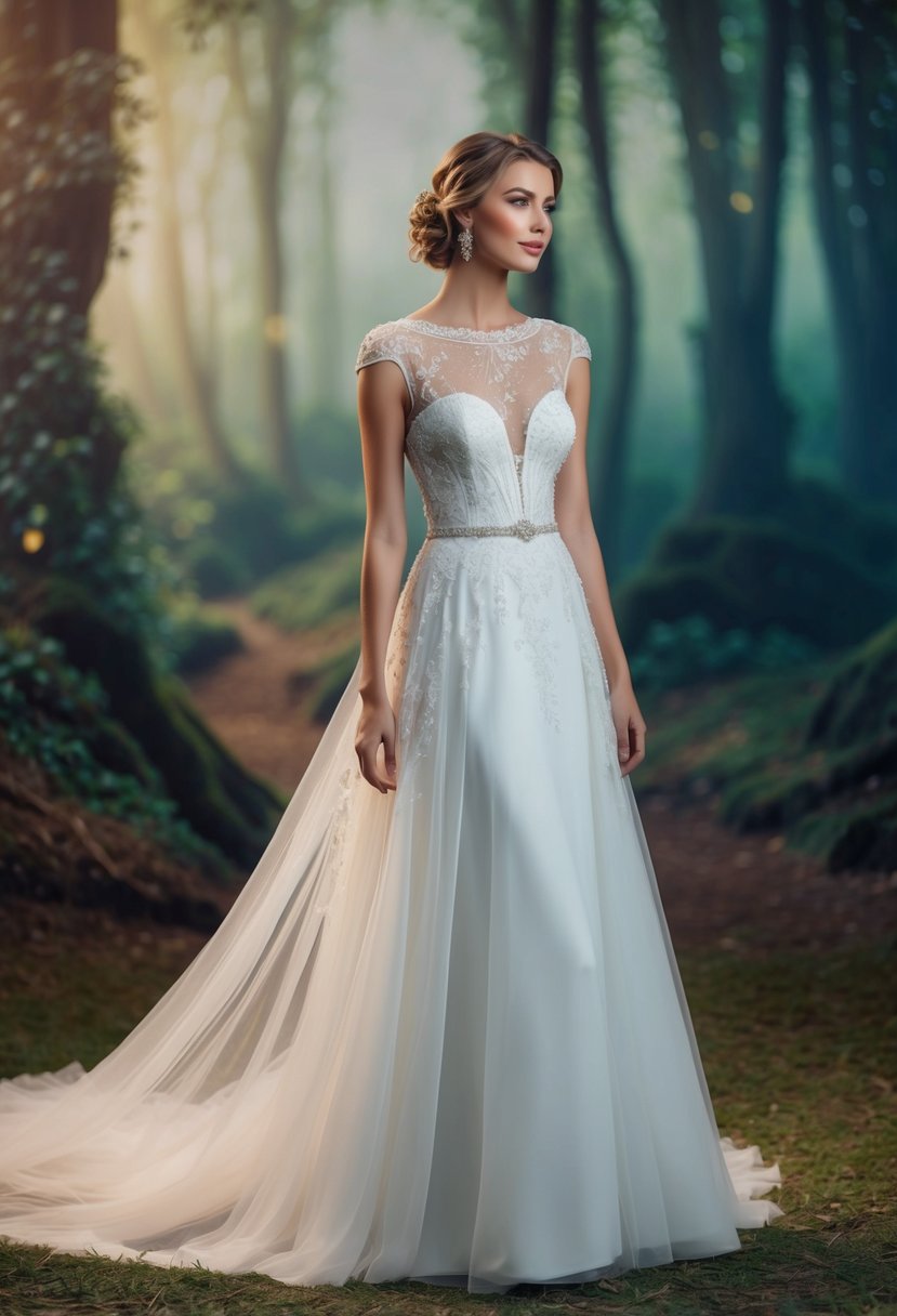 A flowing, ethereal wedding dress with a delicate illusion neckline, adorned with intricate lace and shimmering beadwork, set against a dreamy, enchanted forest backdrop