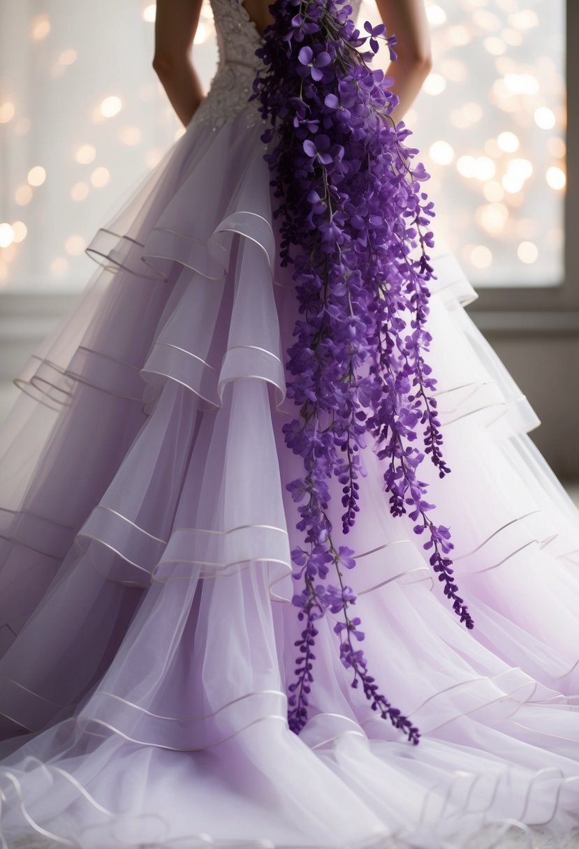 Delicate violets cascading down layers of tulle on a flowing wedding gown