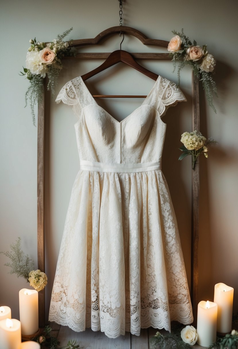 A vintage lace dress hanging on a rustic wooden hanger, surrounded by delicate flowers and soft candlelight