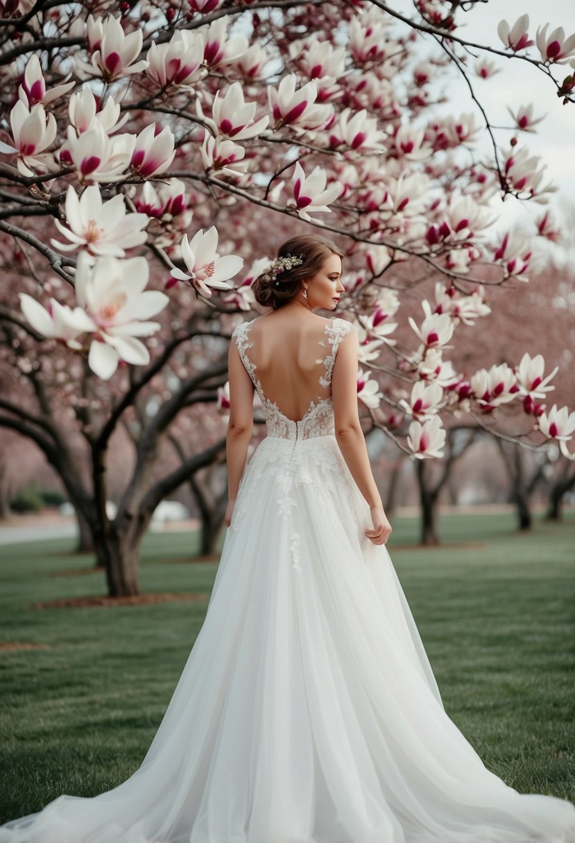 A flowing wedding dress adorned with magnolia blossoms