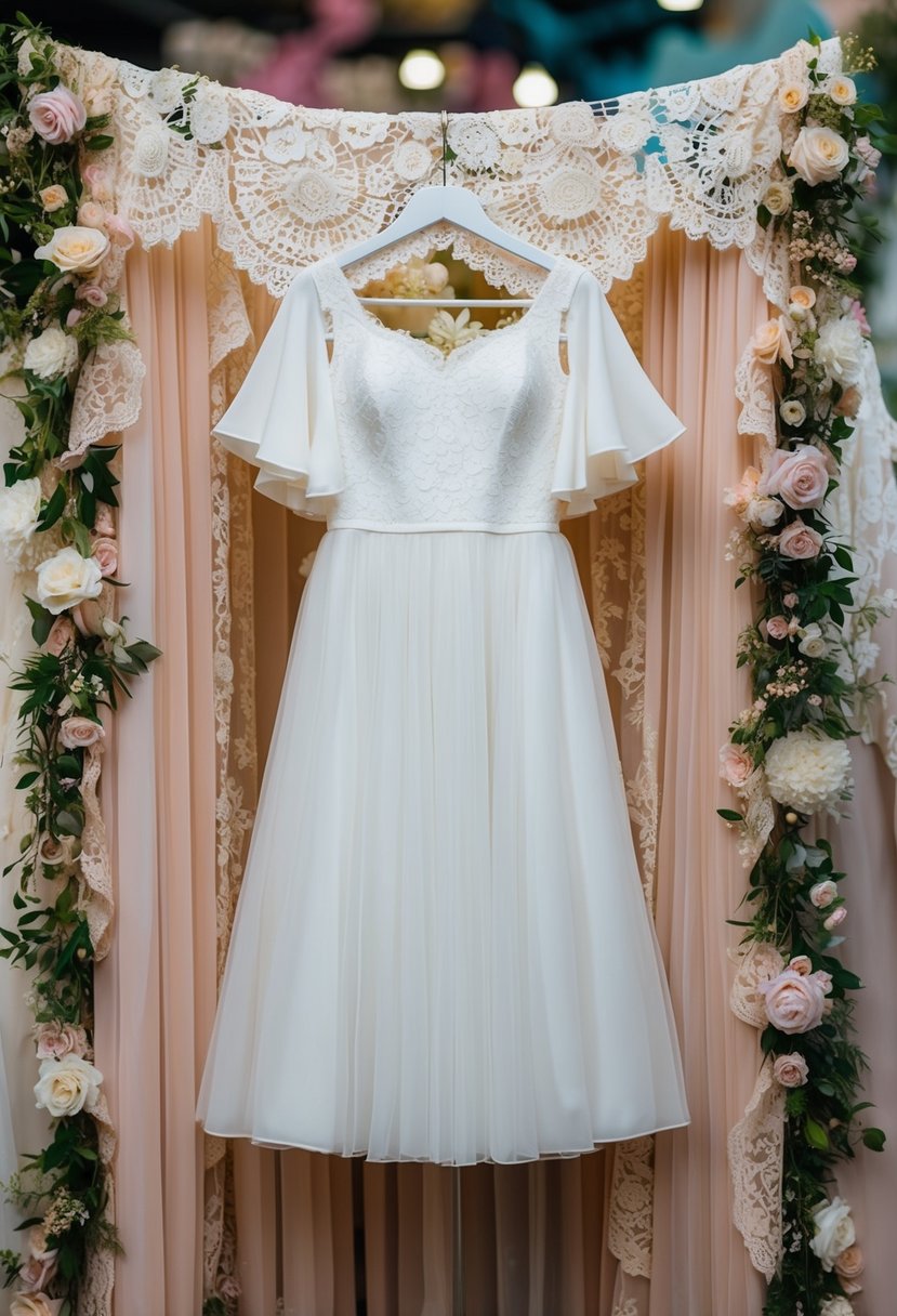 A flutter sleeve dress hangs on a whimsical wedding dress display, surrounded by delicate lace, floral details, and soft pastel colors