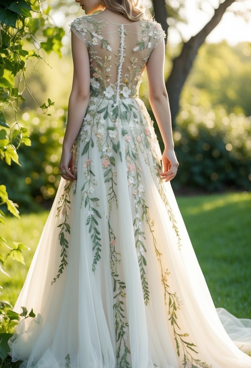 A flowing, nature-inspired embroidered dress adorned with delicate flowers, leaves, and vines, creating a whimsical and enchanting wedding gown