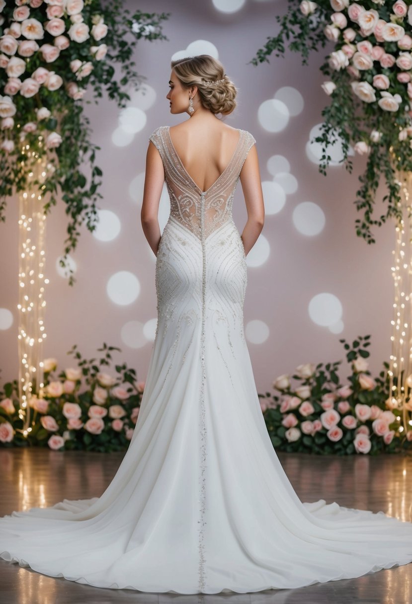 A flowing white gown with intricate lace details, delicate beading, and a long train, set against a backdrop of blooming roses and twinkling lights