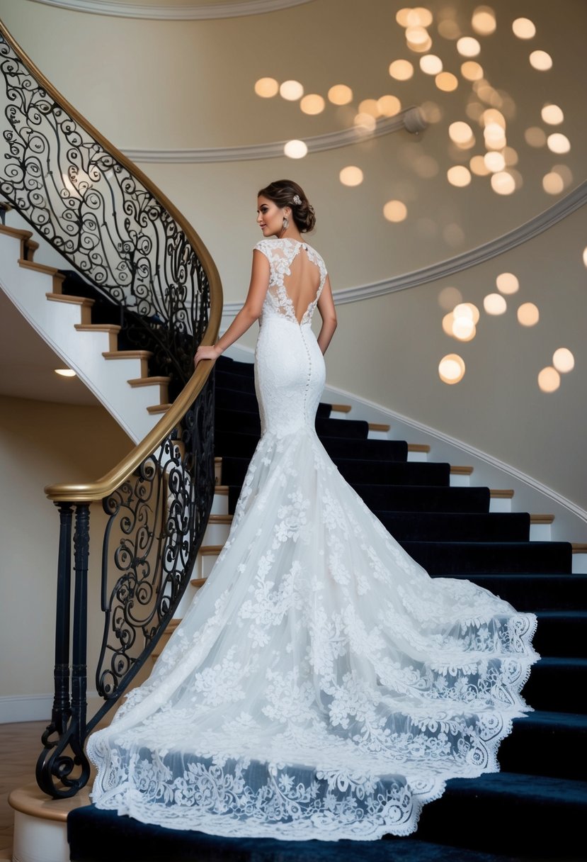 A stunning lace mermaid gown cascading down a grand staircase