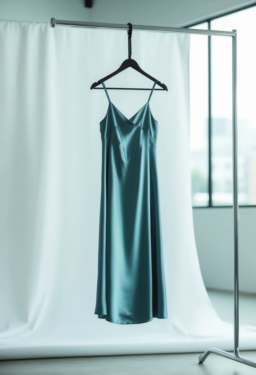 A simple, flowing silk slip dress hangs on a sleek, modern hanger against a clean, white backdrop, exuding elegance and class