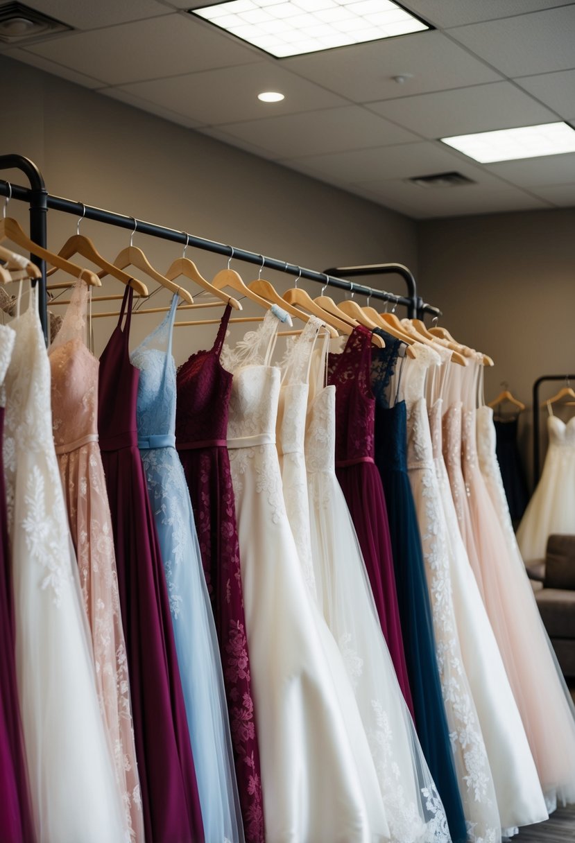 A rack of elegant wedding dresses in a boutique showroom. Lace, satin, and tulle gowns in various styles and colors