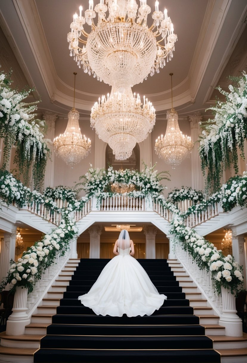 A grand ballroom with opulent chandeliers, cascading floral arrangements, and a sweeping staircase leading to a bride in a classic ball gown silhouette