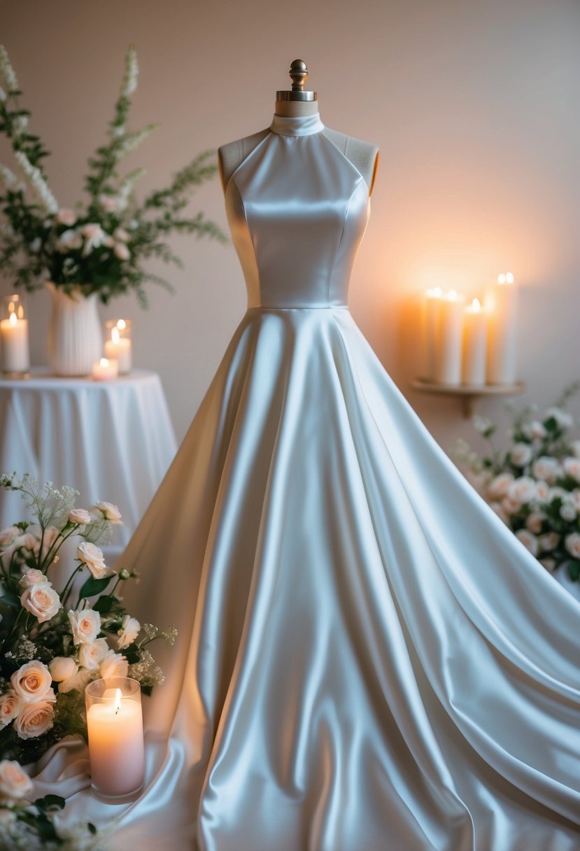 A high-neckline satin dress, flowing gracefully in the wind, surrounded by delicate flowers and soft candlelight