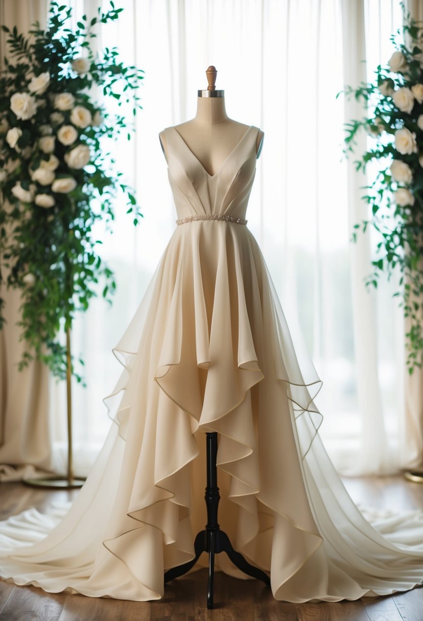 A flowing V-neck gown with cascading ruffles, featuring a high-low hem, set against a romantic wedding backdrop