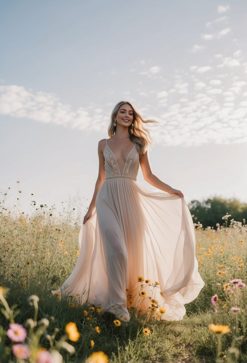 A boho-inspired chiffon gown billows in the wind, surrounded by wildflowers and soft, dappled sunlight