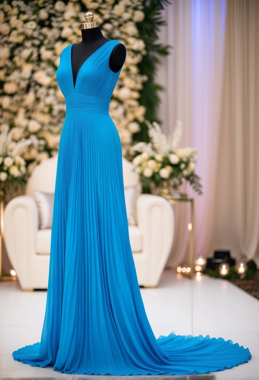 A flowing, pleated maxi dress in a vibrant shade of Naira blue, set against a backdrop of elegant wedding decor