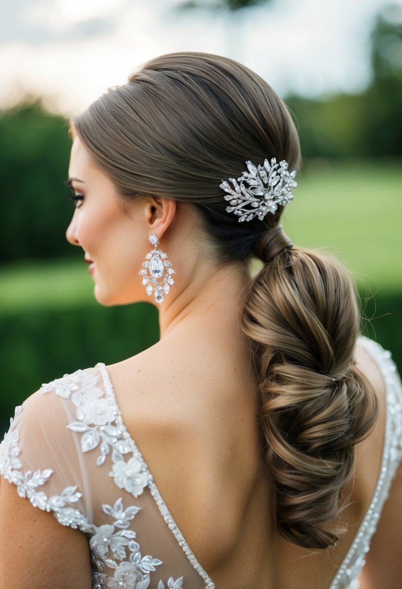 A bride's elegant ponytail adorned with sparkling wedding earrings