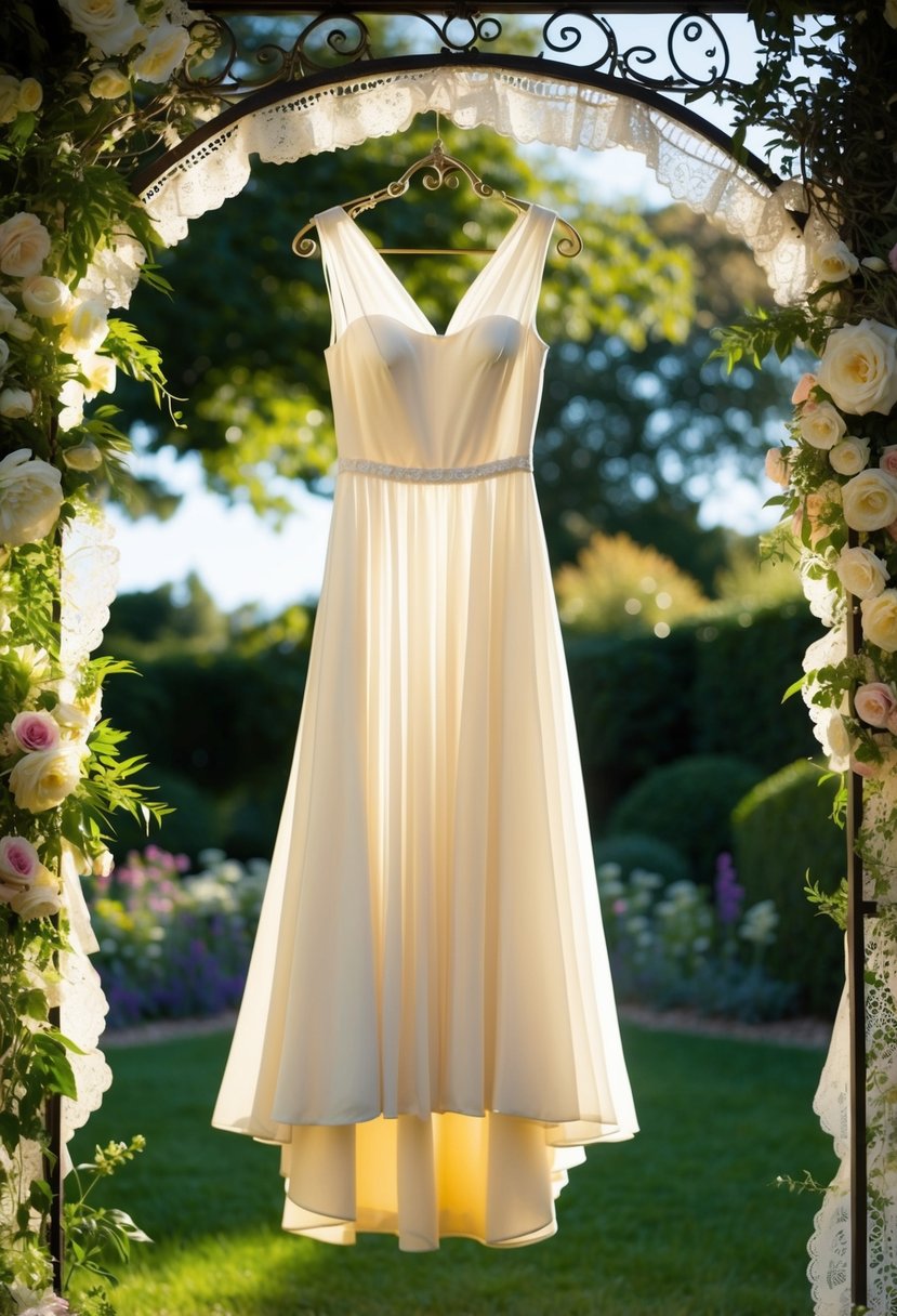 A sunlit garden with a flowing A-line dress hanging from a vintage wrought-iron hanger, surrounded by delicate lace and floral accents