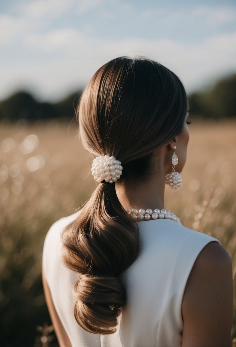 A ponytail adorned with delicate pearl drop earrings