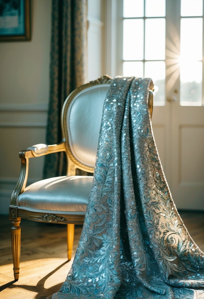 A shimmering metallic embroidered gown draped over a vintage chair in a sunlit room