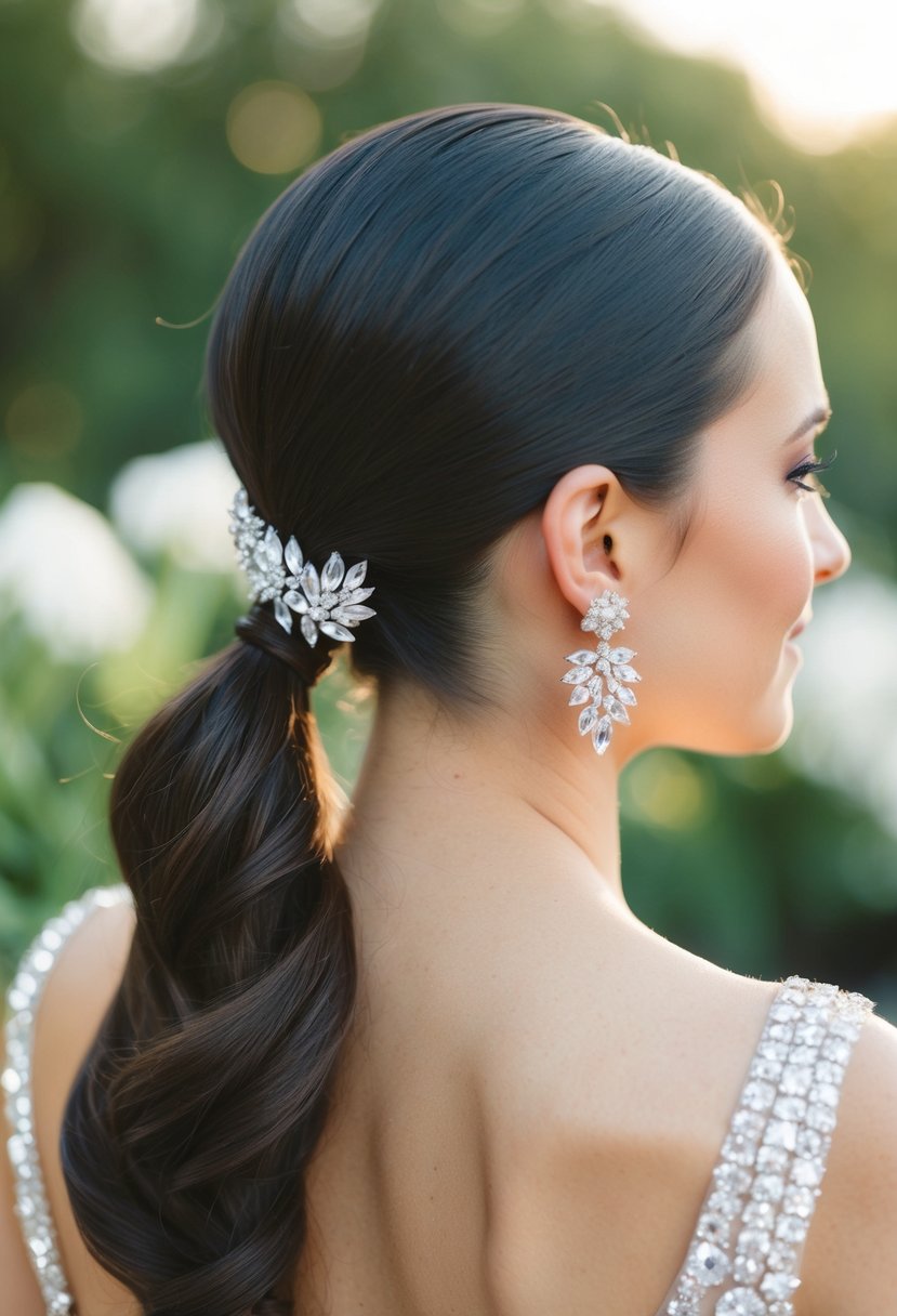 A sleek ponytail adorned with sparkling crystal stud earrings, perfect for a chic wedding look