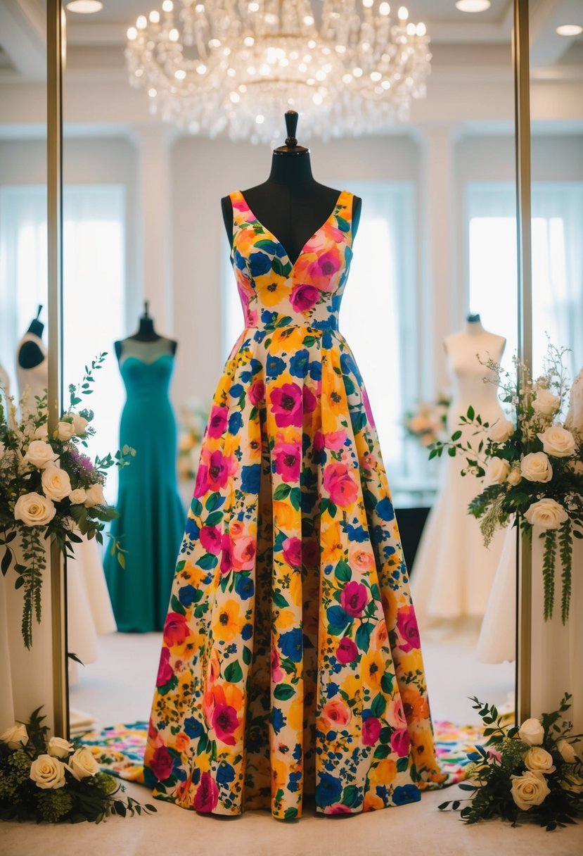 A colorful floral print dress displayed on a mannequin, surrounded by elegant wedding accessories and soft lighting