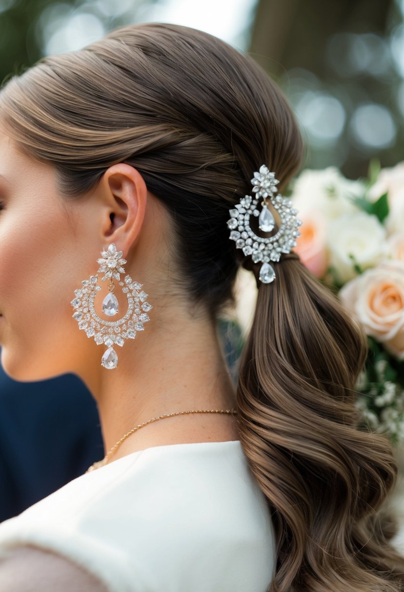 A ponytail adorned with glamorous chandelier earrings, perfect for a wedding