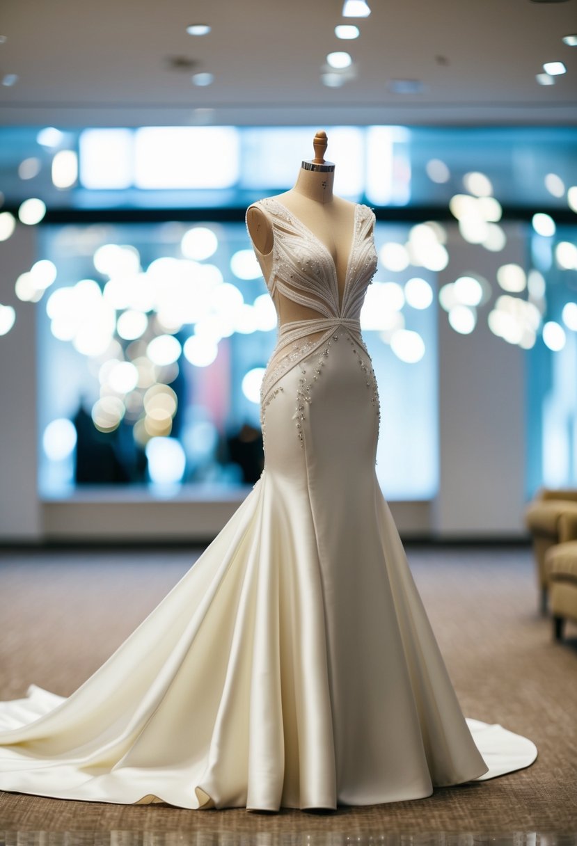 A sleek, modern wedding gown with intricate cut-out detailing and a flowing, elegant silhouette